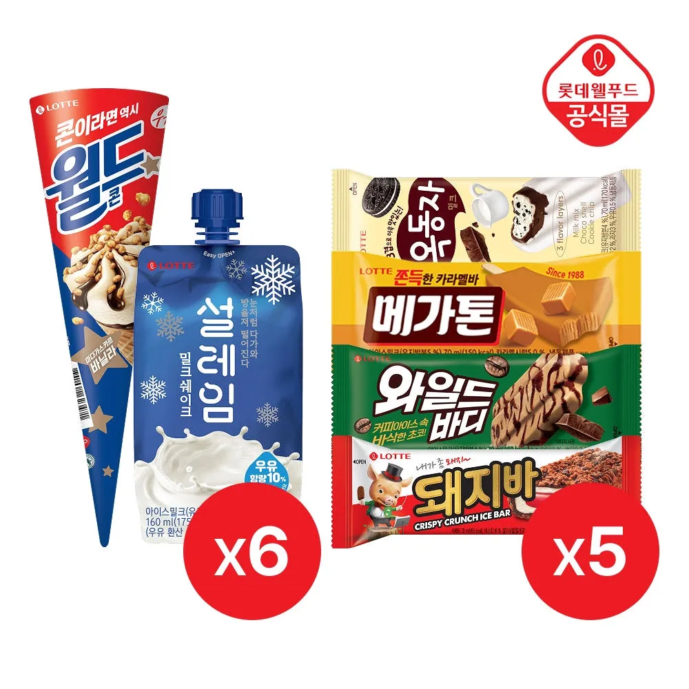 롯데웰푸드 월드콘바닐라 x 6개+설레임밀크쉐이크 x 6개+옥동자 x 5개+메가톤바 x 5개+와일드바디 x 5개+돼지바 x 5개