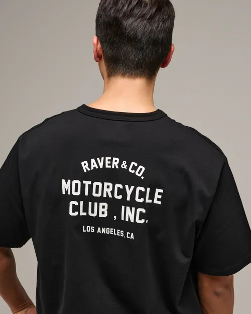 레이버코(RAVER CO) 모터클럽 레터링 루즈핏 반팔 티셔츠 블랙 - 사이즈 & 후기