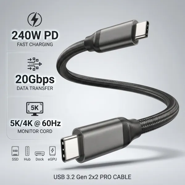 USB C 3.2 Gen 2x2 케이블 20Gbps 데이터 전송 4K@144Hz 모니터 케이블 240W PD 고속 충전 타입 C 3.1 케이블 SSD 허브 도크 EGPU용 - AliExpress 44