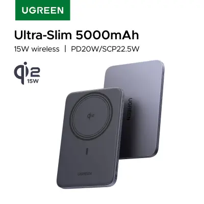 [유그린] UGREEN 유그린 울트라 슬림 20W Qi2 15W 마그네틱 보조배터리 5000mAh 마그플로우 에어 파워뱅크 (아이폰 17 Pro용, 맥세이프 무선 충전 지원)