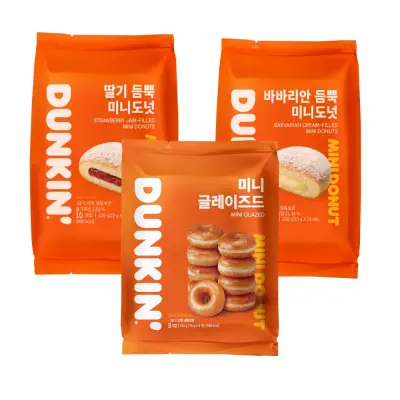 [던킨] 미니도넛, 딸기 듬뿍 250g 1팩 + 바바리안 250g 1팩 + 글레이즈드 135g 1팩, 3팩